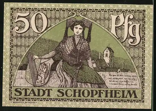 Notgeld Schopfheim 1919, 50 Pfennig, Frau in traditioneller Kleidung mit Wappen