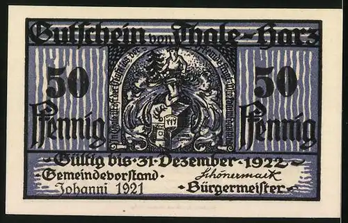 Notgeld Thale-Harz 1921, 50 Pfennig, Teufelsmauer, Walpurgishalle, Opferstein vom Heidenwalle