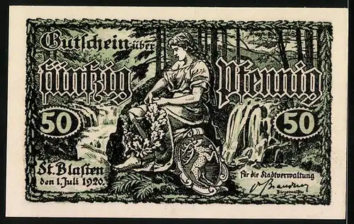 Notgeld St. Blasien 1920, 50 Pfennig, Frau im Wald mit Wappen, Ortsansicht