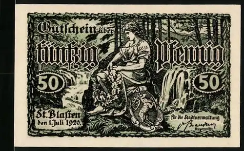 Notgeld St. Blasien 1920, 50 Pfennig, Frau im Wald mit Wappen, Ortsansicht