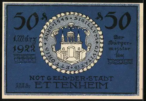 Notgeld Ettenheim 1922, 50 Pfennig, Wappen, Cardinal Louis Renè von Rohan, Kloster