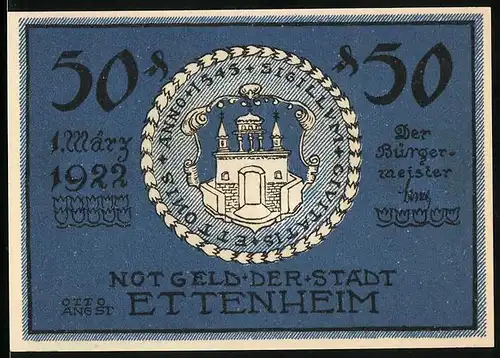 Notgeld Ettenheim 1922, 50 Pfennig, Wappen des Ortes, Wappen derer von Enghien
