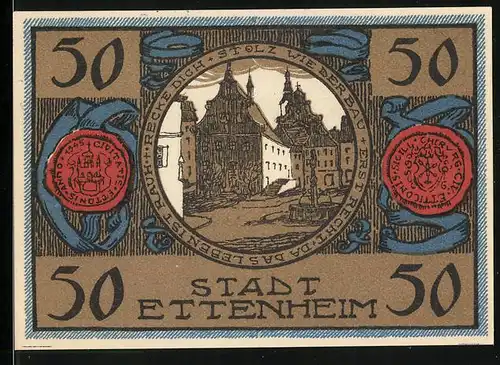 Notgeld Ettenheim 1922, 50 Pfennig, Strassenpartie mit Brunnen