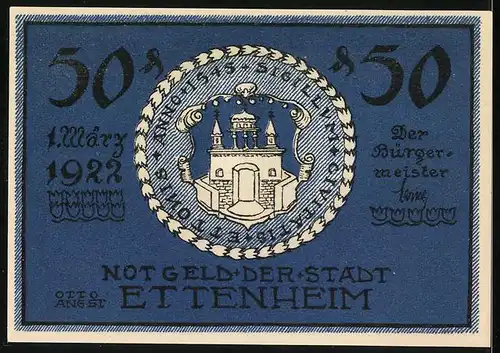 Notgeld Ettenheim 1922, 50 Pfennig, Strassenpartie mit Brunnen