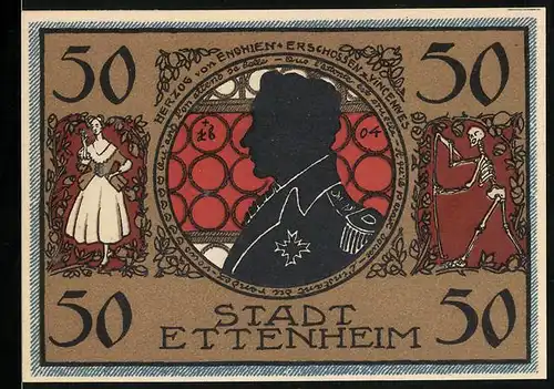 Notgeld Ettenheim 1922, 50 Pfennig, Herzog von Enghien, der Tod, Wappen des Ortes