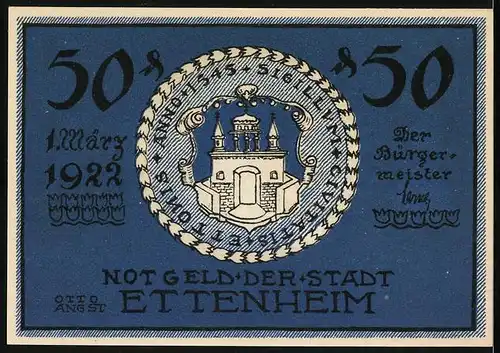 Notgeld Ettenheim 1922, 50 Pfennig, Herzog von Enghien, der Tod, Wappen des Ortes