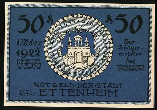 Notgeld Ettenheim 1922, 50 Pfennig, Kappelle unter den Linden, Wappen