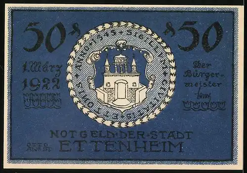 Notgeld Ettenheim 1922, 50 Pfennig, Silhouette von Cardinal Louis Renè von Rohan, Wappen am Schlössle