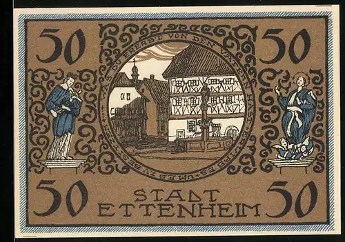 Notgeld Ettenheim 1922, 50 Pfennig, Fachwerkhaus hinter Springbrunnen