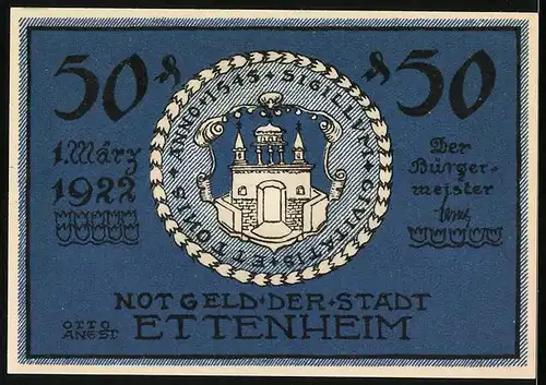 Notgeld Ettenheim 1922, 50 Pfennig, Fachwerkhaus hinter Springbrunnen