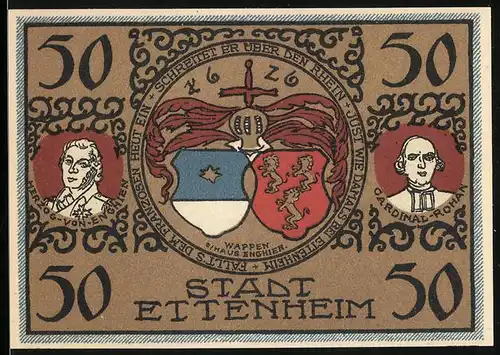 Notgeld Ettenheim 1922, 50 Pfennig, Wappen Haus Enghien, Herzog und Cardinal