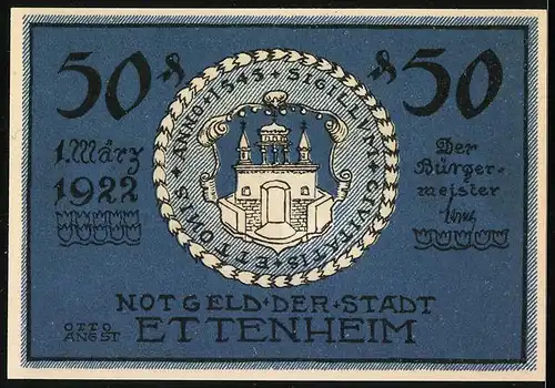 Notgeld Ettenheim 1922, 50 Pfennig, Wappen Haus Enghien, Herzog und Cardinal