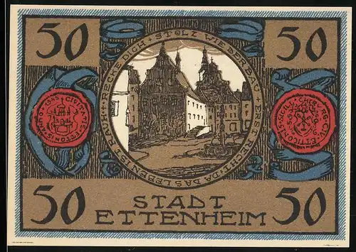 Notgeld Ettenheim 1922, 50 Pfennig, Strassenpartie mit Blick auf Kirche