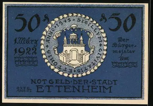 Notgeld Ettenheim 1922, 50 Pfennig, Strassenpartie mit Blick auf Kirche