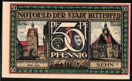 Notgeld Bitterfeld 1921, 50 Pfennig, Hall-Turm und altes Rathaus