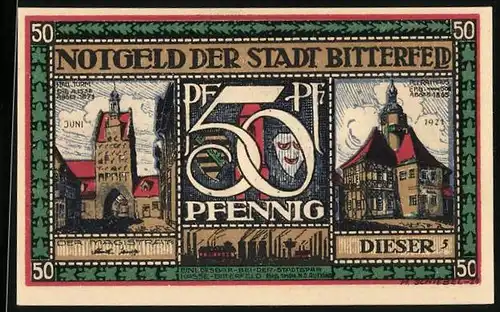Notgeld Bitterfeld 1921, 50 Pfennig, altes Rathaus und Hall-Turm