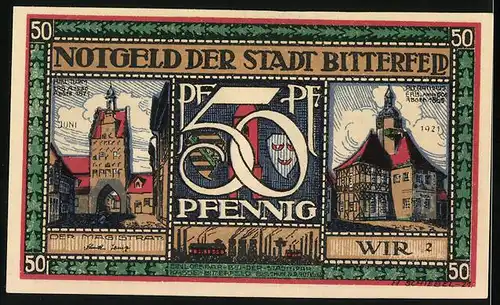 Notgeld Bitterfeld 1921, 50 Pfennig, zwei Arbeiter im Industriegebiet, Hall. Turm, altes Rathaus