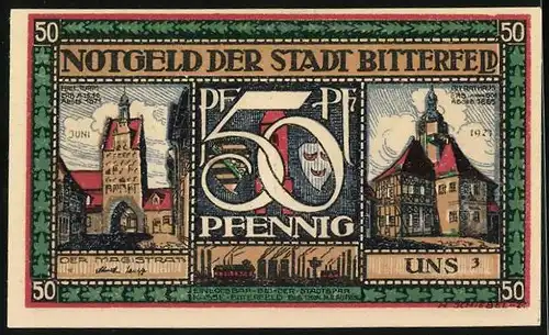 Notgeld Bitterfeld 1921, 50 Pfennig, Mutter mit Kind schickt Ehemann davon