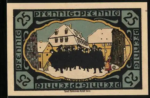 Notgeld Pössneck, 25 Pfennig, Schwarz gekleidete Menschen in verschneiter Stadt