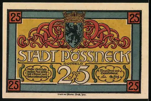 Notgeld Pössneck, 25 Pfennig, Gutebürgerliche vor grossem Haus