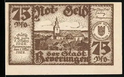Notgeld Beverungen 1921, 75 Pfennig, Ortsansicht mit Kirche, Mann beim Barbier