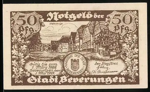 Notgeld Beverungen 1921, 50 Pfennig, Partie an der Weserstr., Polizist beim Kartenspielen