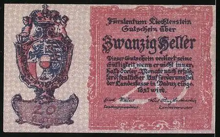 Notgeld Liechtenstein, 20 Heller, Ansicht einer Burg