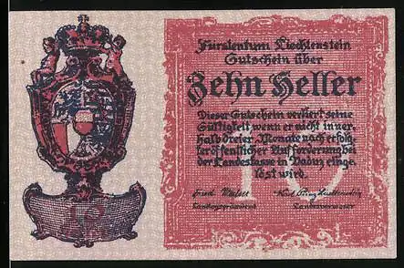 Notgeld Liechtenstein, 10 Heller, Hof eines Anwesens, Wappen