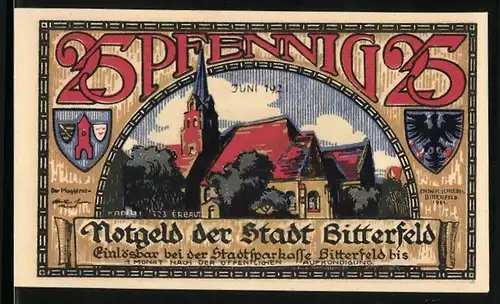 Notgeld Bitterfeld 1921, 25 Pfennig, Kapelle, Stadtbrand 1473