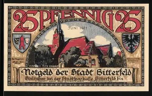 Notgeld Bitterfeld 1921, 25 Pfennig, Blick auf die Kapelle, Stadtbrand 1473