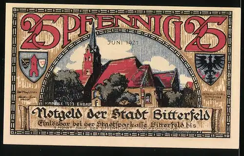 Notgeld Bitterfeld 1921, 25 Pfennig, Stadtbrand 1473, Kapelle