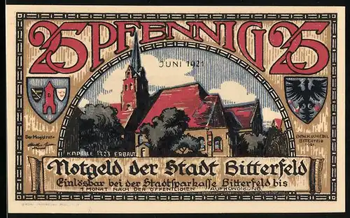 Notgeld Bitterfeld 1921, 25 Pfennig, Partie an der Kapelle, Brand der Stadt 1473