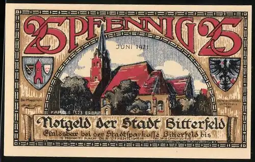 Notgeld Bitterfeld 1921, 25 Pfennig, Kapelle und Stadtbrand 1473