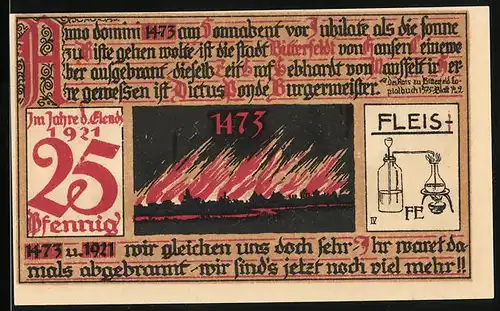 Notgeld Bitterfeld 1921, 25 Pfennig, Stadtbrand 1473 und Kapelle