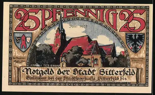 Notgeld Bitterfeld 1921, 25 Pfennig, Stadtbrand 1473 und Kapelle