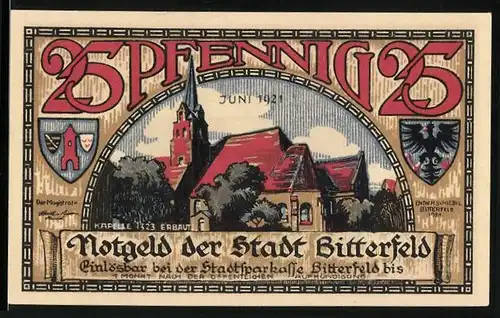 Notgeld Bitterfeld 1921, 25 Pfennig, Stadtkapelle, Stadtbrand 1473