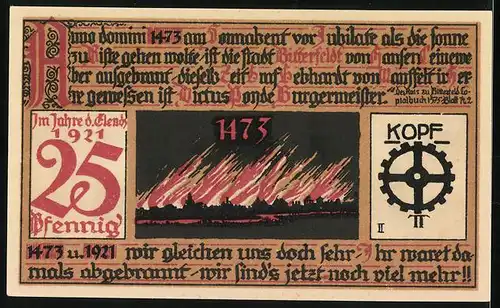 Notgeld Bitterfeld 1921, 25 Pfennig, Stadtkapelle, Stadtbrand 1473