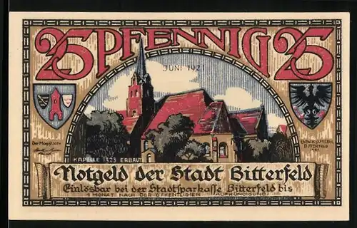Notgeld Bitterfeld 1921, 25 Pfennig, die Stadtkapelle und der Stadtbrand 1473