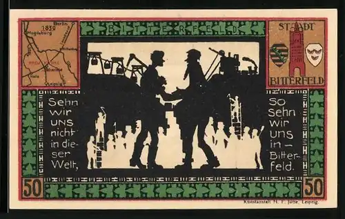 Notgeld Bitterfeld 1921, 50 Pfennig, Arbeiter im Industriegebiet