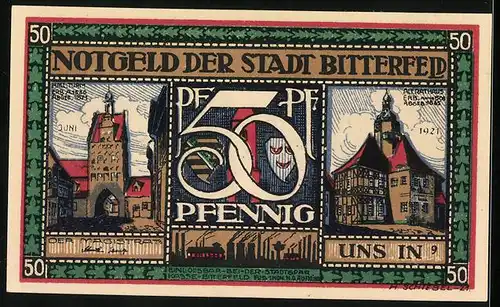 Notgeld Bitterfeld 1921, 50 Pfennig, Arbeiter im Industriegebiet