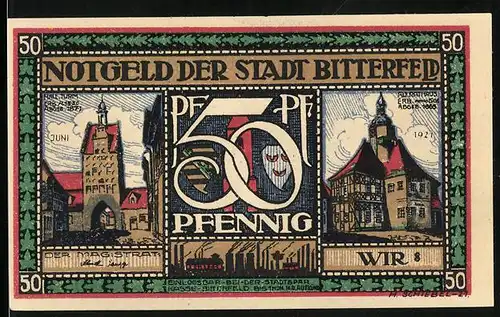 Notgeld Bitterfeld 1921, 50 Pfennig, Freunde treffen sich auf dem Bahnsteig