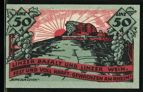 Notgeld Linz a. Rh. 1919, 50 Pfennig, Wappen, Burg zur Leyen
