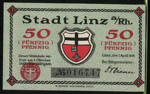 Notgeld Linz a. Rh. 1919, 50 Pfennig, Wappen, Burg zur Leyen