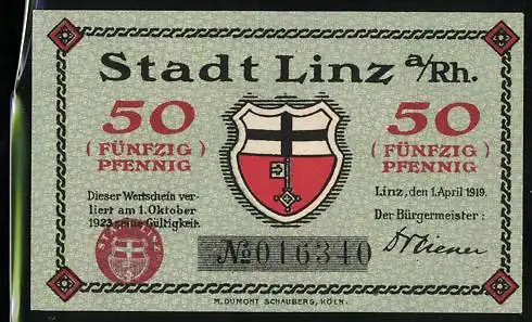 Notgeld Linz a. Rh. 1919, 50 Pfennig, Wappen und Burg zur Leyen