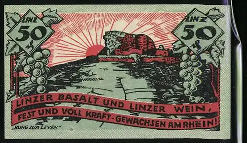 Notgeld Linz a. Rh. 1919, 50 Pfennig, Wappen und Burg zur Leyen