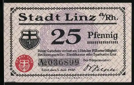 Notgeld Linz a. Rh. 1920, 25 Pfennig, Ortsansicht mit einem Dampfer auf dem Rhein