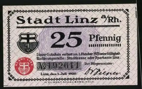 Notgeld Linz a. Rh. 1920, 25 Pfennig, Ortsansicht mit einem Dampfer