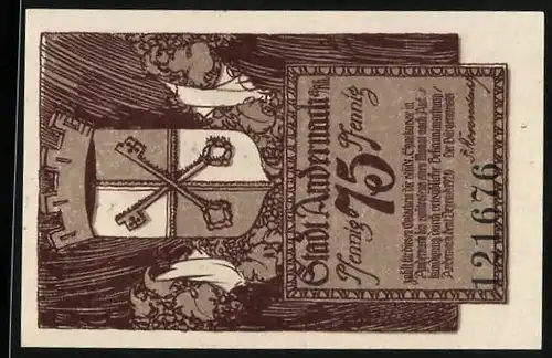 Notgeld Andernach am Rhein, 75 Pfennig, Burgansicht und Wappen der Stadt