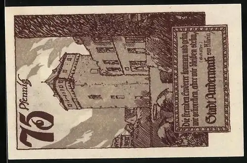Notgeld Andernach am Rhein, 75 Pfennig, Burgansicht und Wappen