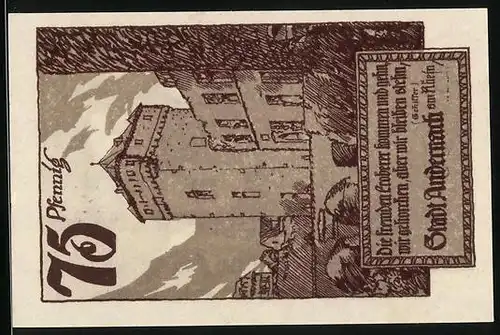 Notgeld Andernach am Rhein, 75 Pfennig, Burgansicht und Wappen